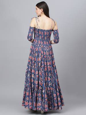 Blue printed cotton long-dresses 4