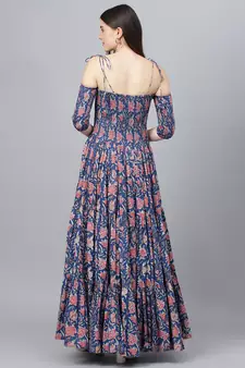 Blue printed cotton long-dresses