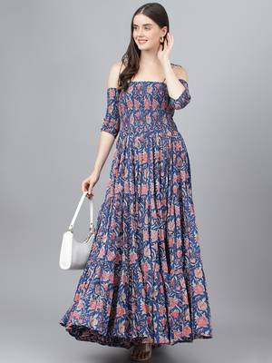 Blue printed cotton long-dresses 5