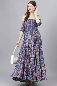 Blue printed cotton long-dresses