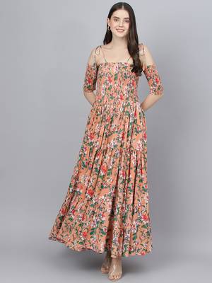 Peach printed cotton long-dresses 1