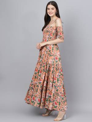 Peach printed cotton long-dresses 3