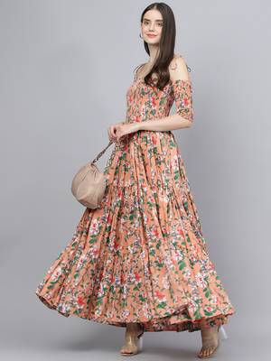 Peach printed cotton long-dresses 5