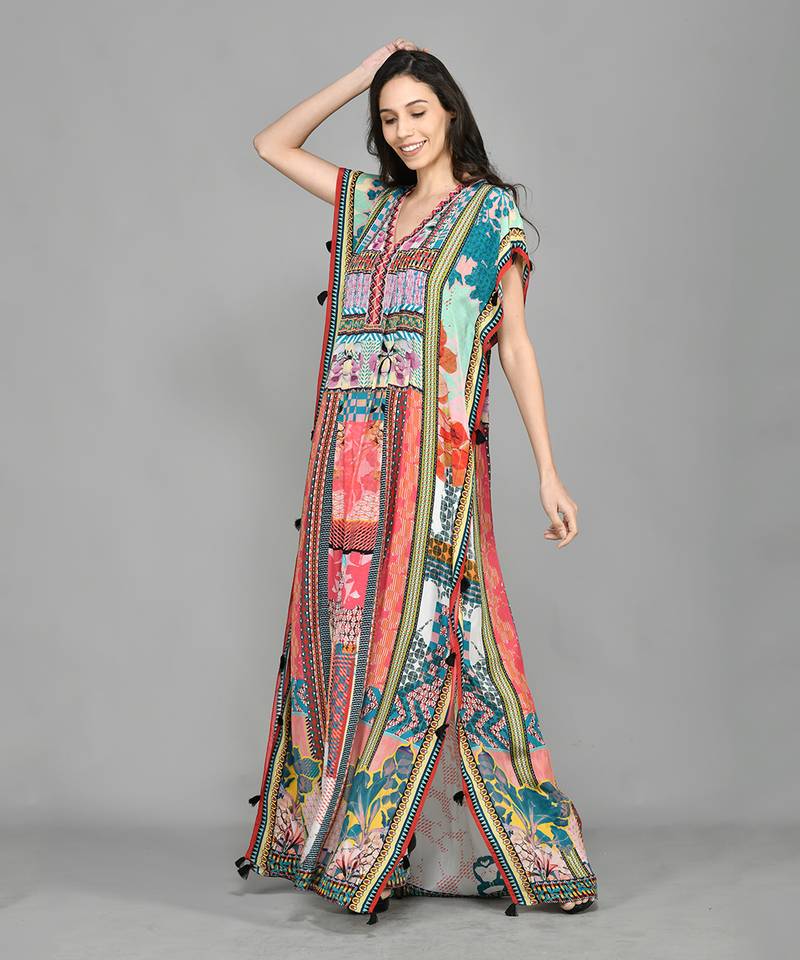 Abstract Colour Block Pin Tucked Kaftan