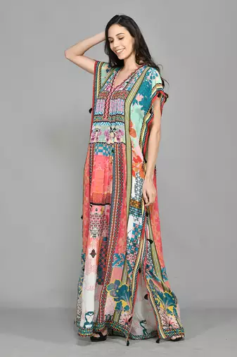 Abstract Colour Block Pin Tucked Kaftan