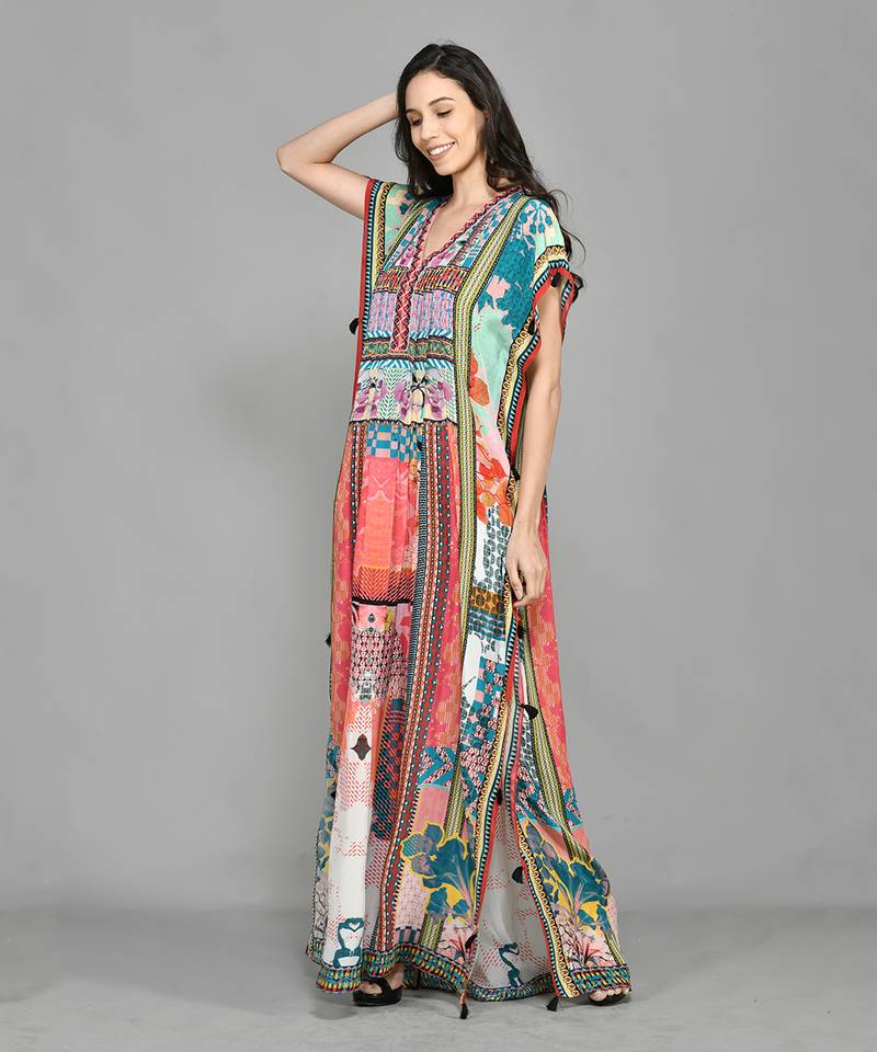 Abstract Colour Block Pin Tucked Kaftan