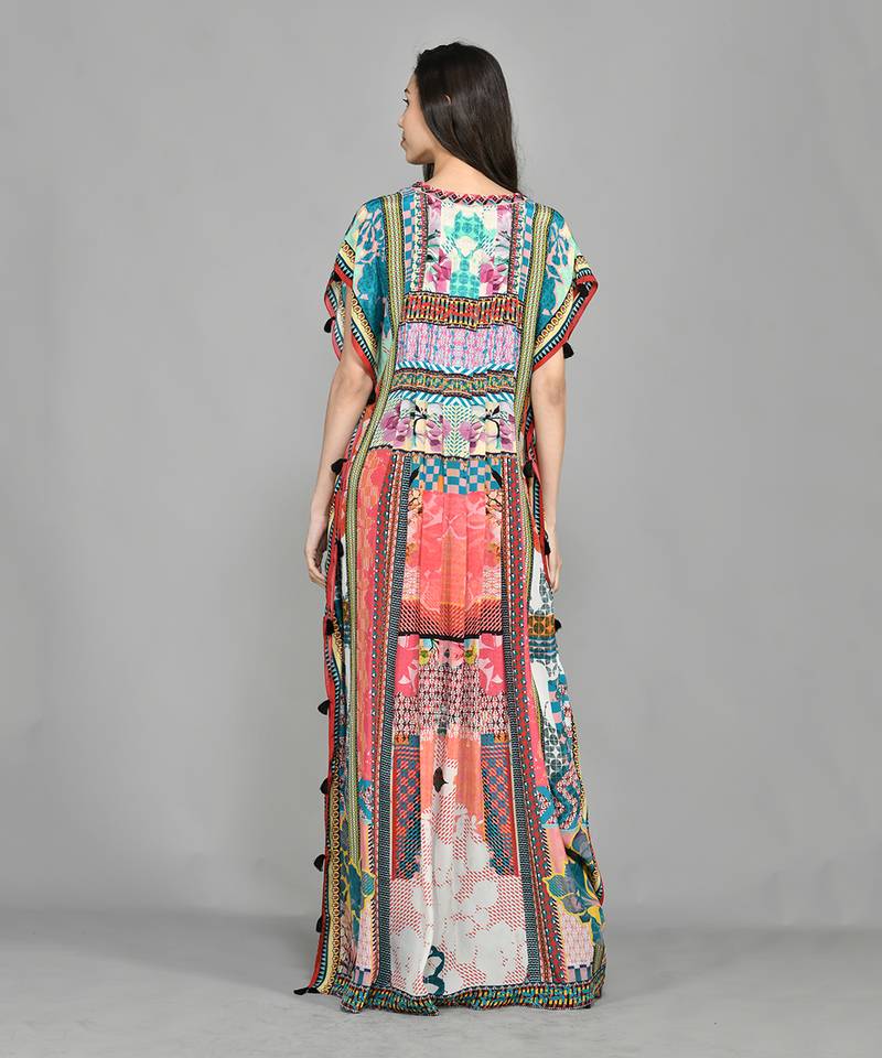 Abstract Colour Block Pin Tucked Kaftan