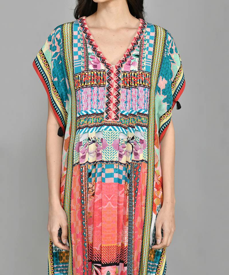 Abstract Colour Block Pin Tucked Kaftan