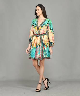Abstract Colour Block Wrap Short Dress 1