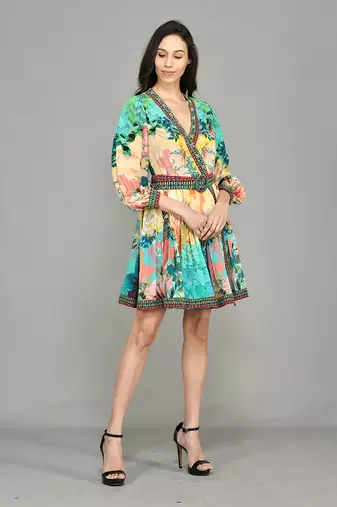 Abstract Colour Block Wrap Short Dress