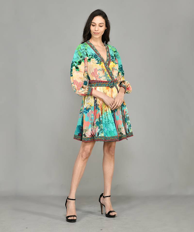 Abstract Colour Block Wrap Short Dress