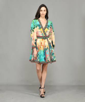 Abstract Colour Block Wrap Short Dress 3