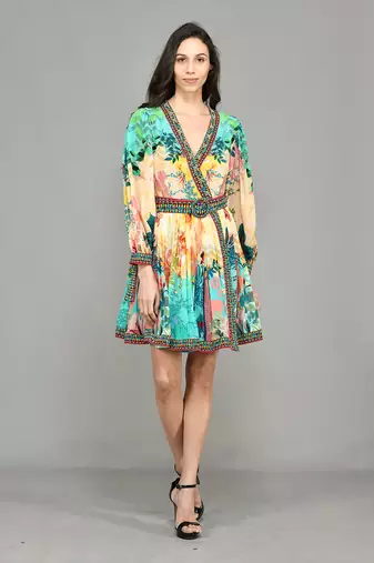 Abstract Colour Block Wrap Short Dress