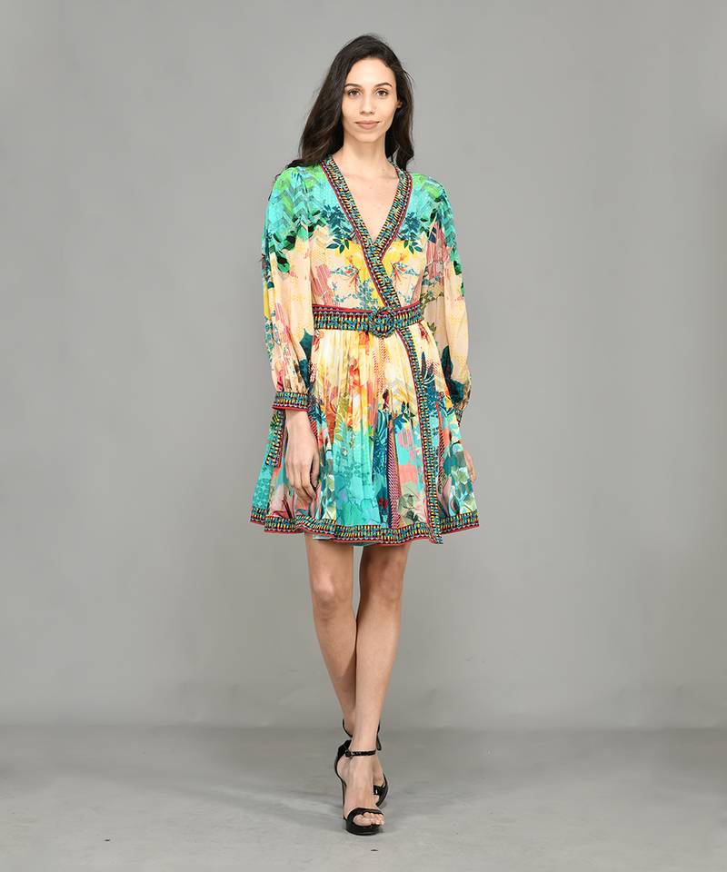 Abstract Colour Block Wrap Short Dress