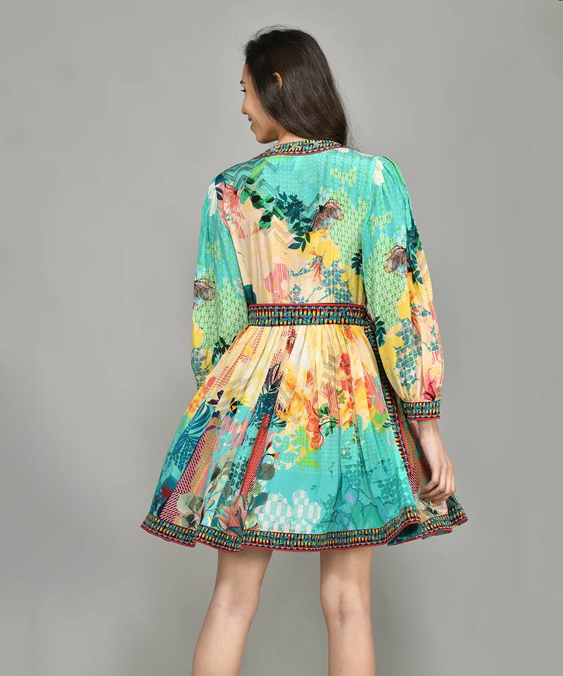 Abstract Colour Block Wrap Short Dress