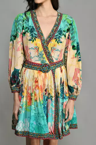 Abstract Colour Block Wrap Short Dress