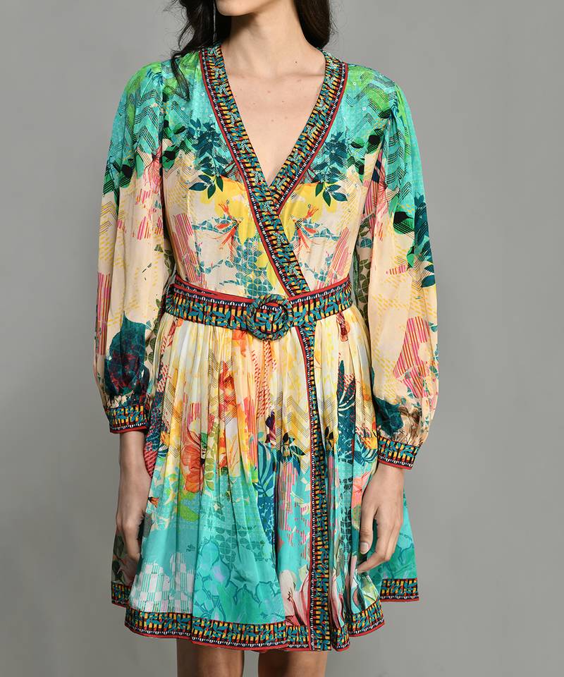 Abstract Colour Block Wrap Short Dress