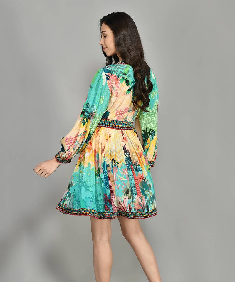 Abstract Colour Block Wrap Short Dress