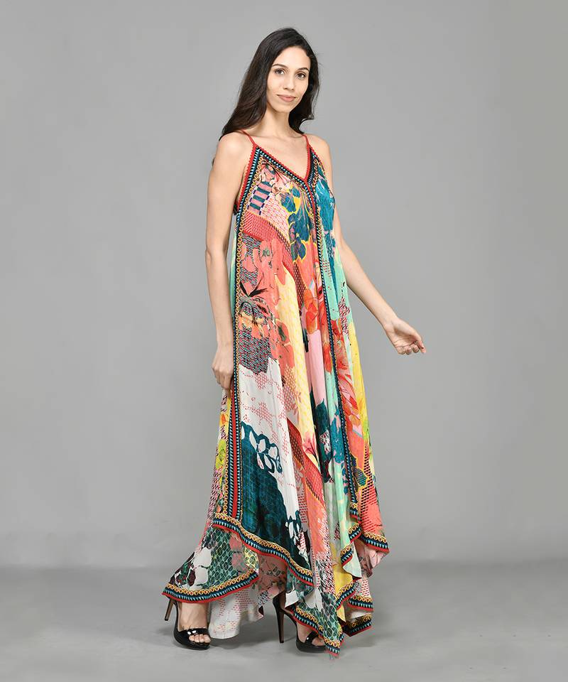 Abstract Colour Block Handkerchief Maxi Dress