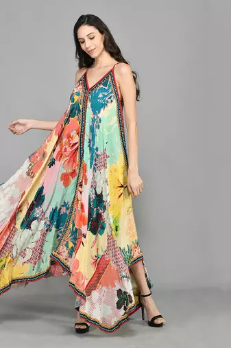 Abstract Colour Block Handkerchief Maxi Dress