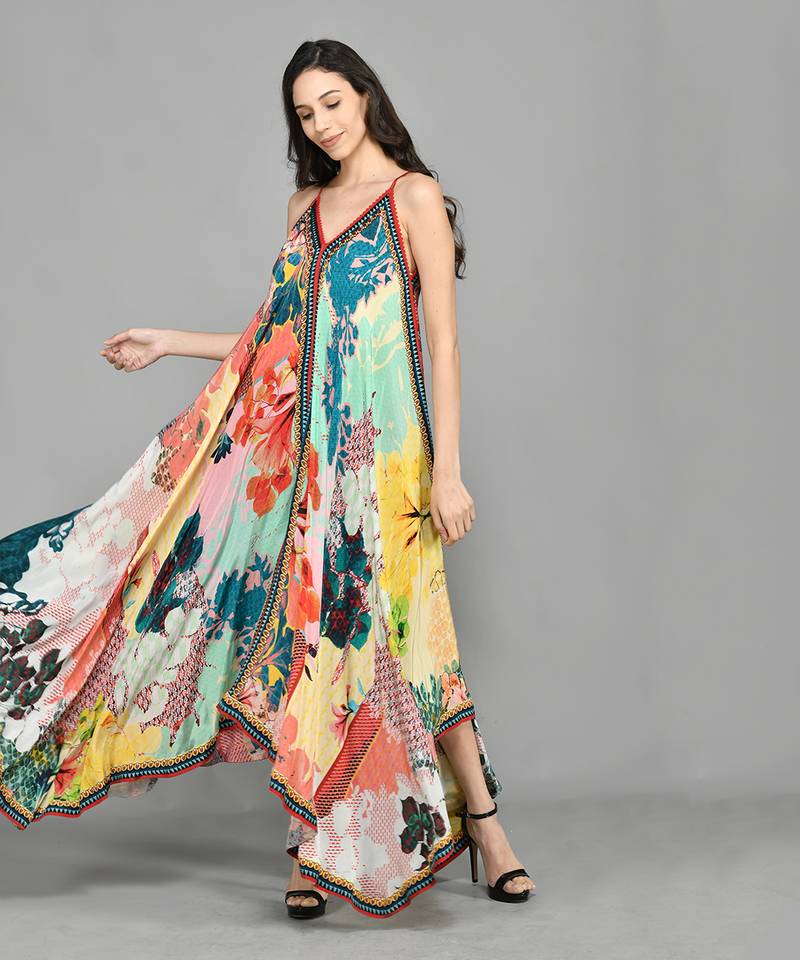 Abstract Colour Block Handkerchief Maxi Dress
