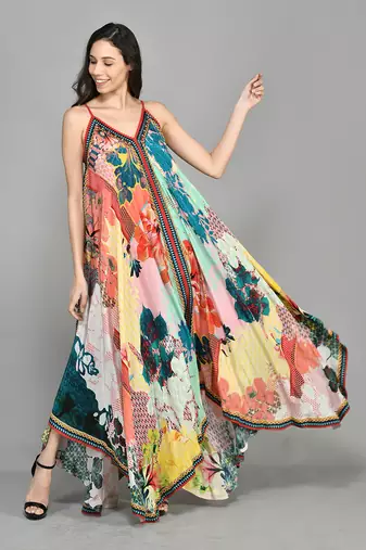 Abstract Colour Block Handkerchief Maxi Dress