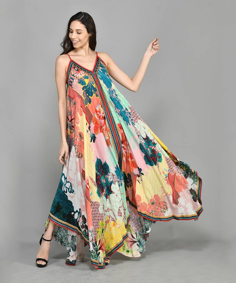 Abstract Colour Block Handkerchief Maxi Dress