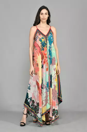 Abstract Colour Block Handkerchief Maxi Dress