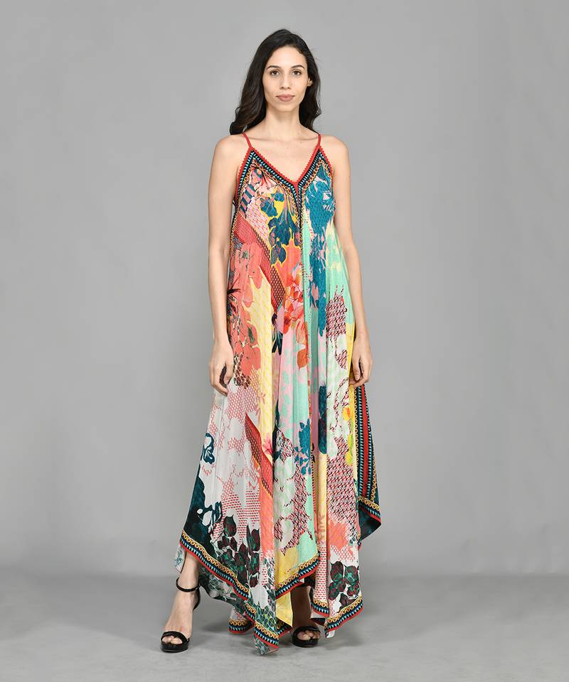 Abstract Colour Block Handkerchief Maxi Dress