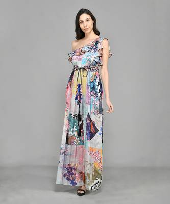 Colour Block Paisly One Shoulder Dress 1