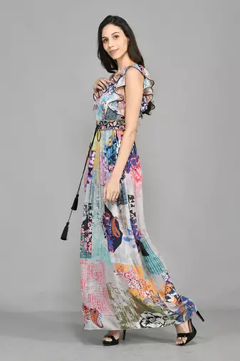 Colour Block Paisly One Shoulder Dress