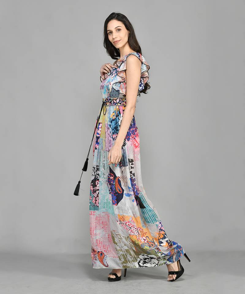 Colour Block Paisly One Shoulder Dress