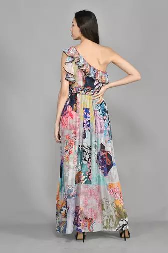 Colour Block Paisly One Shoulder Dress