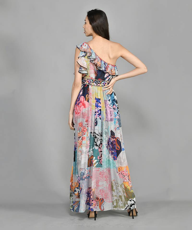 Colour Block Paisly One Shoulder Dress