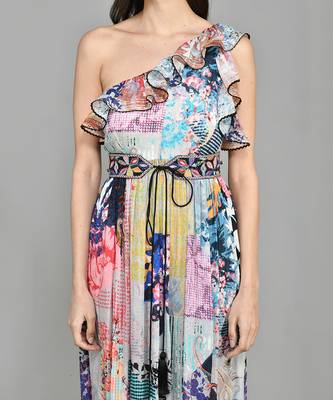 Colour Block Paisly One Shoulder Dress 4