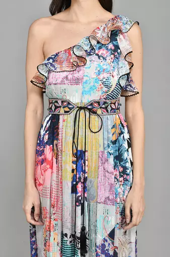 Colour Block Paisly One Shoulder Dress