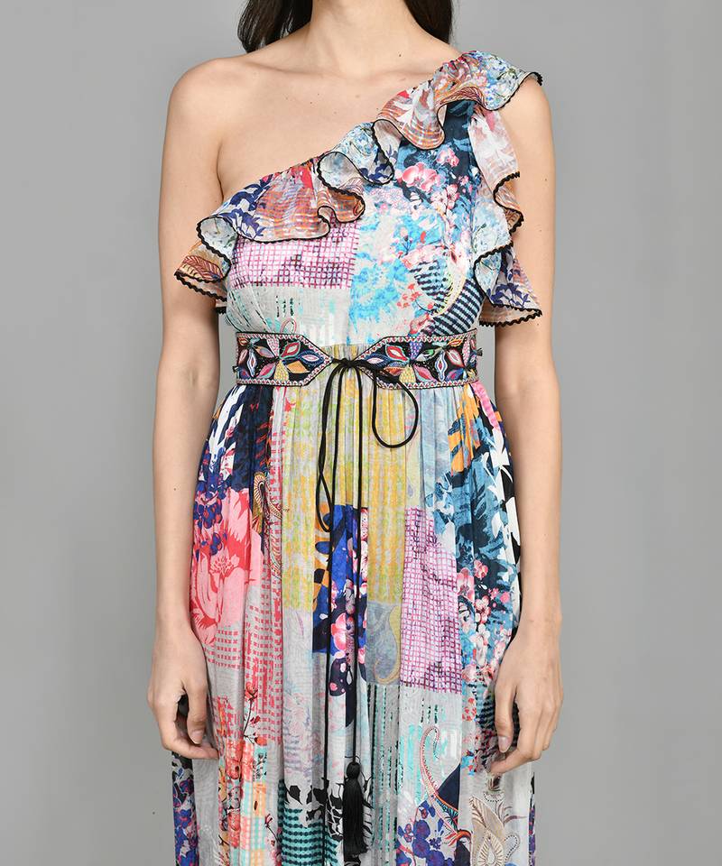 Colour Block Paisly One Shoulder Dress