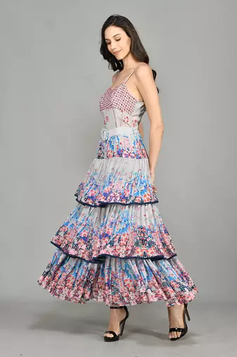 Colour Block Paisly Tiered Maxi Dress