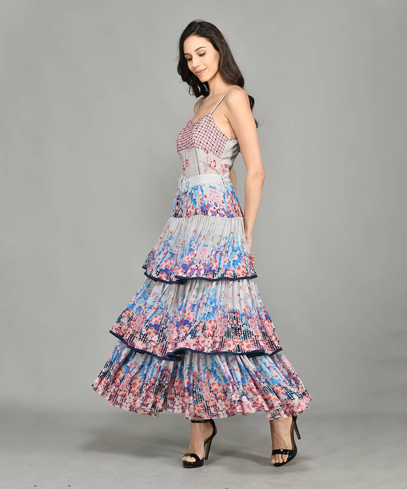 Colour Block Paisly Tiered Maxi Dress