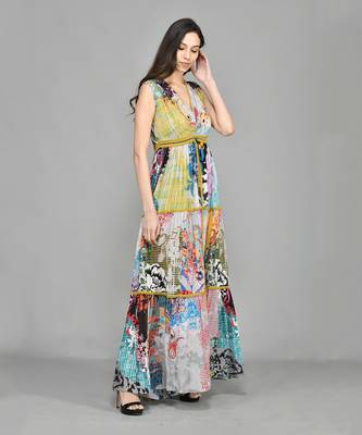 Colour Block Paisly Tiered Maxi Dress 1