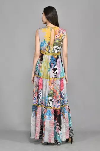 Colour Block Paisly Tiered Maxi Dress