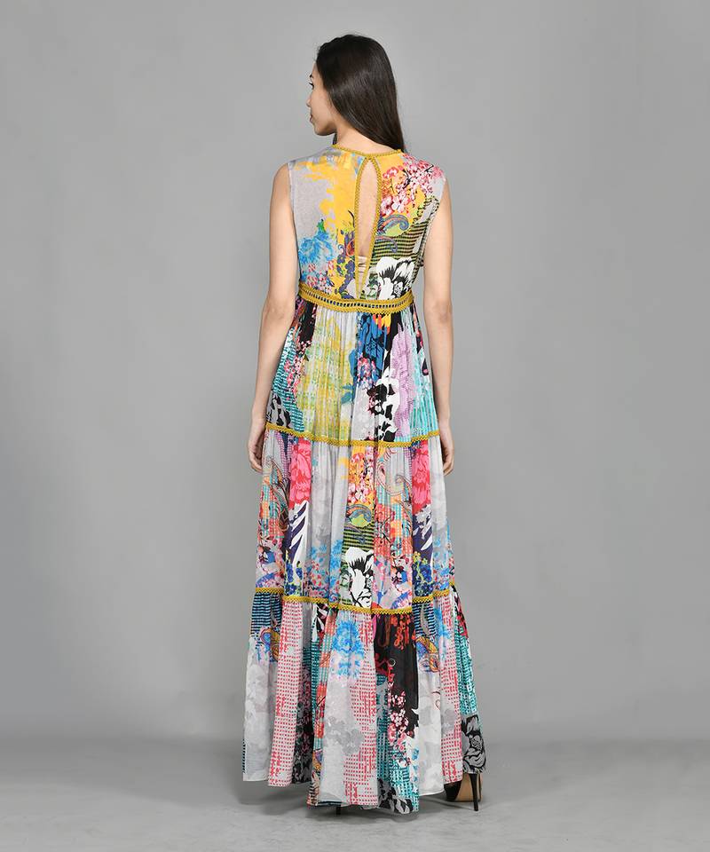 Colour Block Paisly Tiered Maxi Dress