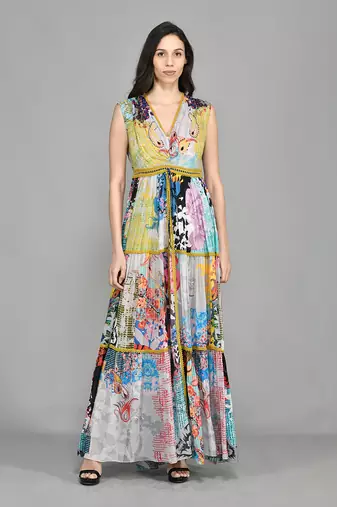 Colour Block Paisly Tiered Maxi Dress