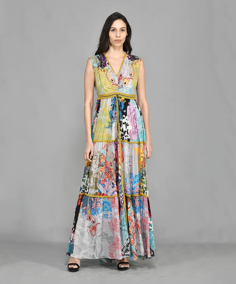 Colour Block Paisly Tiered Maxi Dress