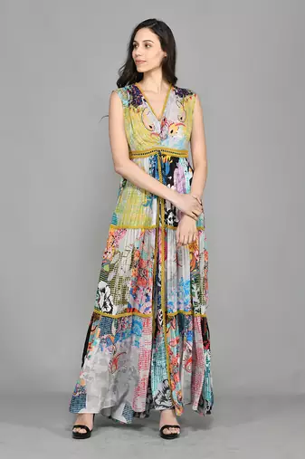 Colour Block Paisly Tiered Maxi Dress