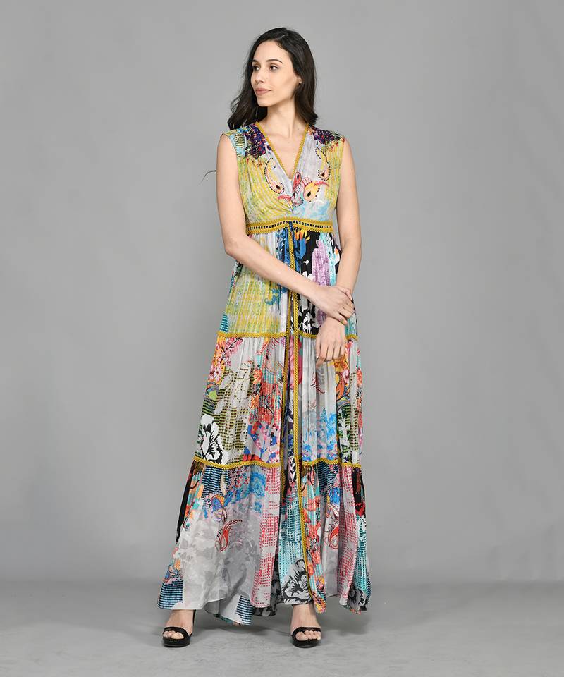 Colour Block Paisly Tiered Maxi Dress