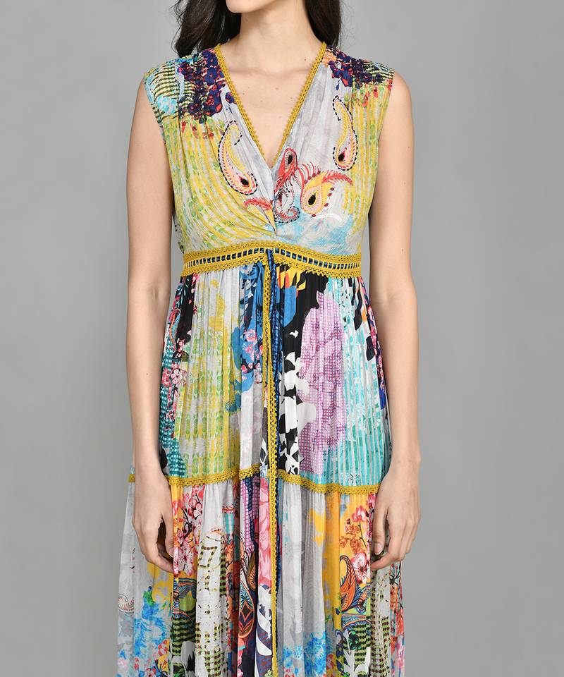 Colour Block Paisly Tiered Maxi Dress