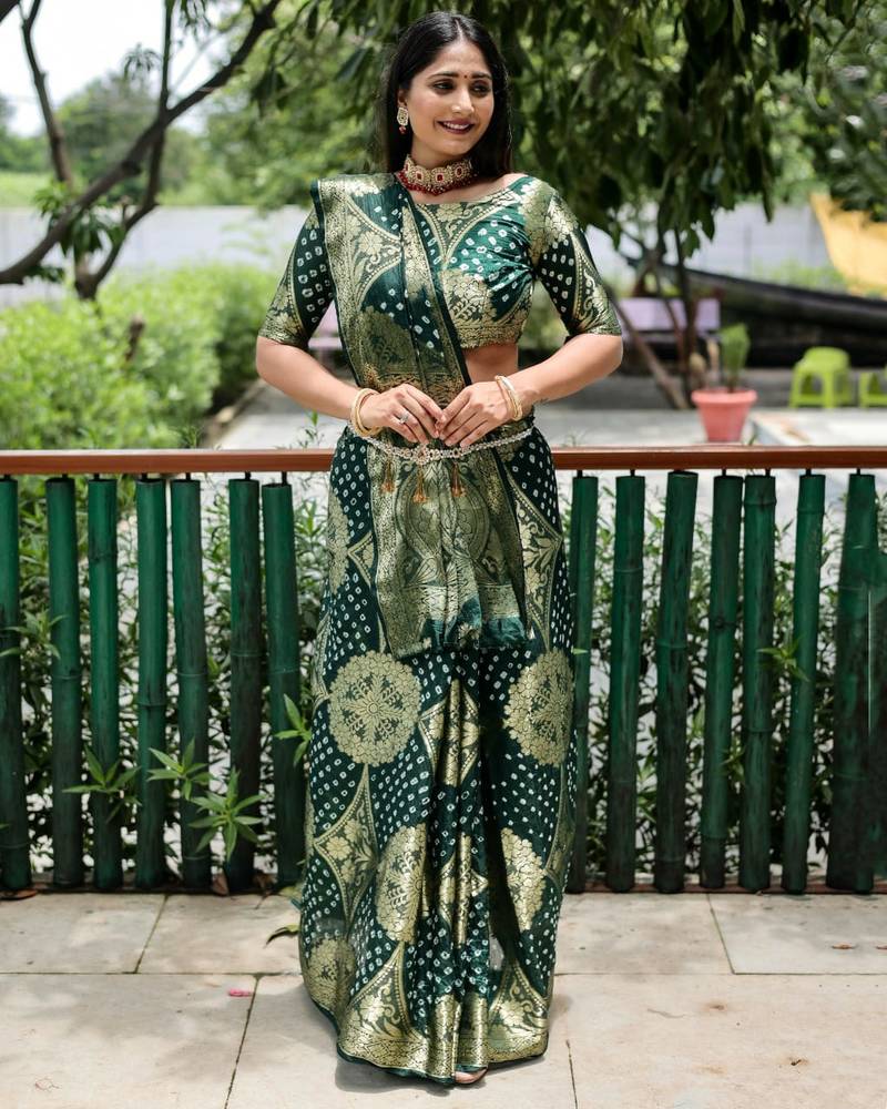 Green Pure Bandhani Silk Blend Saree 