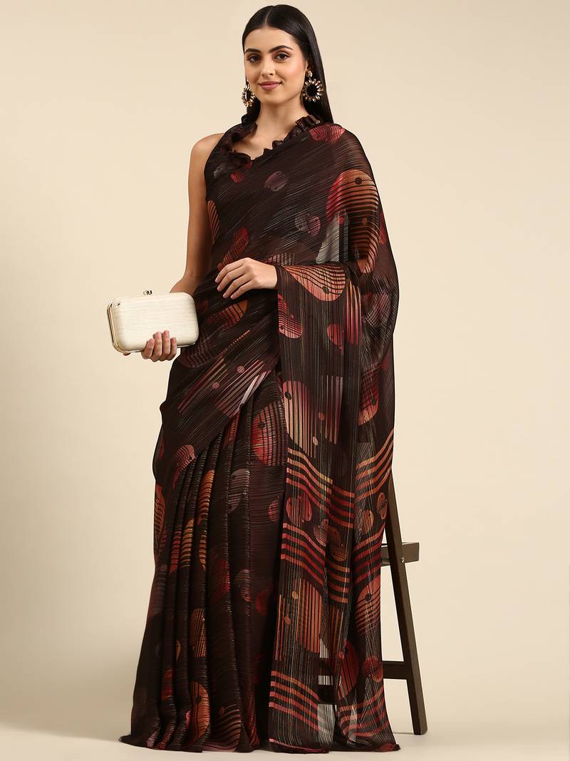 Brown printed georgette saree with blouse