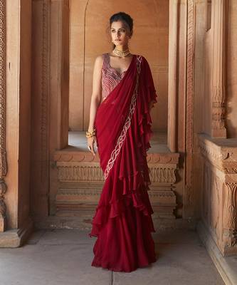 Oxblood Zasha Pre-Drapped Saree 1